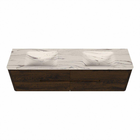 Mondiaz CIRO-DLUX Meuble de salle de bains ensemble - 180x45x50cm - Plan vasque solid surface Nata - 2 vasques Double - sans trous de robinetterie - 4 tiroirs - Noyer SW1530577