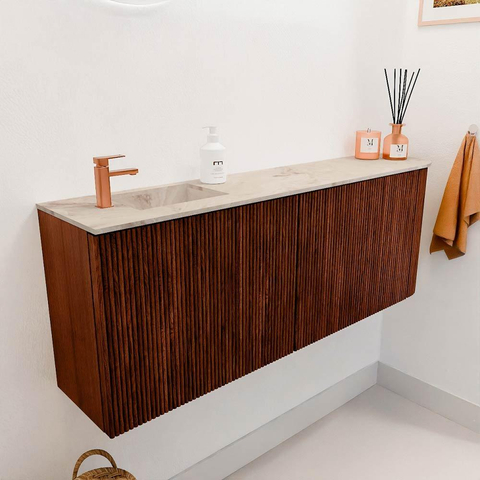 Mondiaz JOYA-DLUX Meuble de salle de bains 111.6cm - arrondi droit couleur Ruby - Vasque FAYE position Gauche 1 trou de robinet couleur Frappe. SW1423506