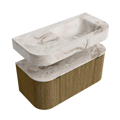 MONDIAZ THOR-DLUX 100cm meuble de salle de bains arrondi gauche + droite couleur Dusk avec 1 tiroir et 2 portes. Vasque suspendue CLOUD droite 1 trou de robinet couleur Frappe. SW1467392
