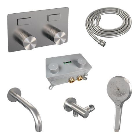 BRAUER Stripe Mitigeur thermostatique bain - boutons-poussoirs - SET 04 - encastré - bec - douchette 3 positions - flexible de douche - coude mural - couleur inox brossé PVD SW1435069