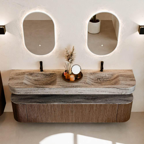 MONDIAZ THOR-DLUX 190cm meuble de salle de bains arrondi gauche + droite couleur Walnut avec 2 tiroirs et 2 portes. Vasque suspendue CLOUD Double 2 trous de robinet couleur Oza. SW1466821