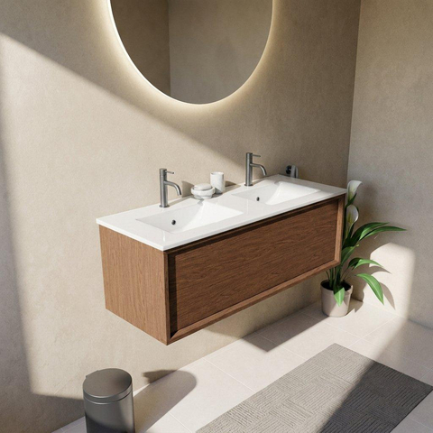 Saniclass Holz Frame Ensemble de meubles de salle de bains - 120x45x42cm - lavabo Vygo en céramique blanc - 2 vasques - 2 trous de robinetterie - 1 tiroir - walnut pure mat (bois) SW1441848