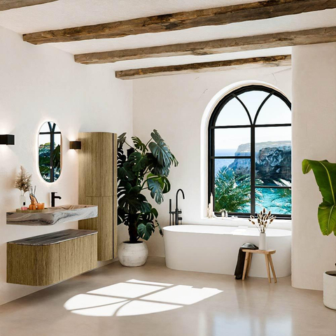MONDIAZ THOR-DLUX 110cm meuble de salle de bains arrondi gauche + droite couleur Dusk avec 1 tiroir et 2 portes. Vasque suspendue CLOUD Droite 1 trou de robinet couleur Sombra. SW1463033