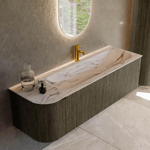 MONDIAZ KURVE-DLUX Meuble de salle de bains 145 cm arrondi à gauche couleur Shadow avec 1 tiroir et 1 porte. Lavabo BIG LARGE à droite 1 trou de robinet Nata. SW1432314