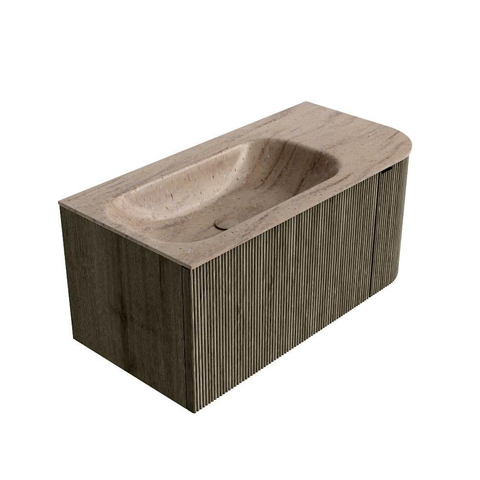 MONDIAZ KURVE-DLUX Meuble de salle de bains 95cm arrondi à droite couleur Shadow avec 1 tiroir et 1 porte. Lavabo BIG SMALL à gauche sans trou de robinet Saba. SW1433413