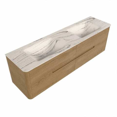 Mondiaz CIRO-DLUX Meuble de salle de bains - 170x45x50cm - Plan vasque Solid surface Nata - 2 bacs Double - sans trous de robinetterie - 4 tiroirs - Chêne SW1531512