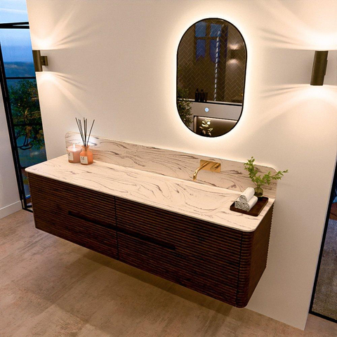 Mondiaz CIRO-DLUX Badkamermeubelset - 180x45x50cm - Solid surface wastafel Nata - 1 wasbak Rechts - zonder kraangaten - 4 lades - Walnut SW1530613