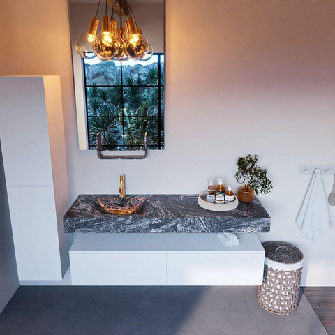 Mondiaz ALAN-DLUX Ensemble de meuble - 150cm - meuble Talc mat - 2 tiroirs - Lavabo Cloud Lava suspendu - vasque gauche - 1 trou de robinet SW807964