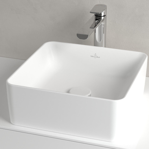 Villeroy & Boch Collaro opzetwastafel vierkant - 38x38cm - zonder overloop - zonder kraangat CeramicPlus - Stone White (mat wit) SW336078