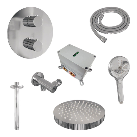 BRAUER Stripe Douche de tête thermostatique encastrée - 3 voies - ronde - SET 42 - pomme de douche 25 cm - bras plafond - douchette 3 positions - flexible de douche - coude mural - chrome SW1434779