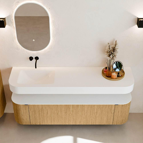 MONDIAZ THOR 170cm meuble de salle de bains arrondi gauche + droite couleur Oak avec 1 tiroir et 2 portes. Vasque suspendue CLOUD gauche sans trou de robinet couleur Talc. SW1465398