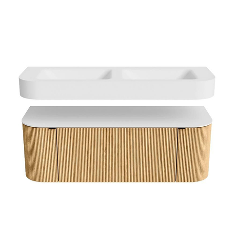 MONDIAZ THOR 130cm meuble de salle de bains arrondi gauche + droite couleur Oak avec 1 tiroir et 2 portes. Vasque suspendue CLOUD Double sans trou de robinet couleur Talc. SW1463712
