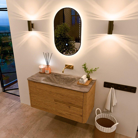 Mondiaz CIRO-DLUX Meuble de salle de bains - 100x45x50cm - Plan-vasque Solid surface Oza - 1 vasque au milieu - sans trous de robinet - 2 tiroirs - Chêne SW1531099