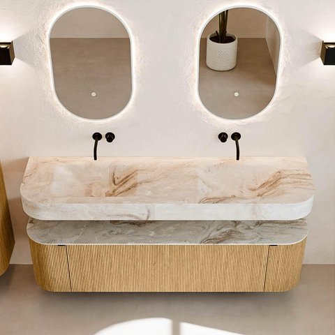 MONDIAZ THOR-DLUX 170cm meuble de salle de bains arrondi gauche + droite couleur Oak avec 1 tiroir et 2 portes. Vasque suspendue CLOUD Double sans trou de robinet couleur Frappe. SW1465435