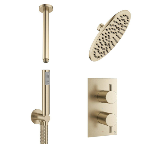 Crosswater MPRO Regendoucheset Inbouw - 20cm hoofddouche - plafondarm - staafhanddouche - geborsteld messing (goud) SW223267