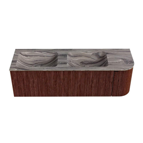 MONDIAZ KURVE-DLUX 145cm badmeubel ronding Rechts kleur Ruby met 1 lade en 1 deur. Wastafel LEAF Dubbel / Links 2 kraangaten Sombra. SW1433981