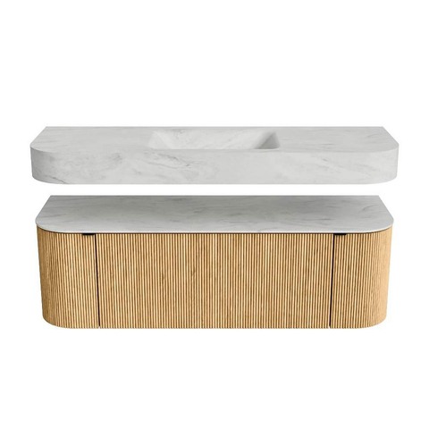 MONDIAZ THOR-DLUX Meuble de salle de bains 140cm arrondi gauche + droite couleur Oak avec 1 tiroir et 2 portes. Vasque suspendue CLOUD Milieu 1 trou de robinet couleur Opalo. SW1463959