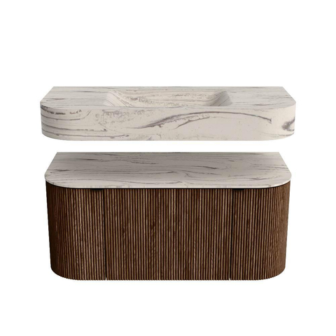 MONDIAZ THOR-DLUX Meuble de salle de bains - 100cm - arrondi gauche + droite - couleur Walnut - 1 tiroir et 2 portes - Vasque suspendue CLOUD Milieu 1 trou de robinet couleur Nata SW1467503