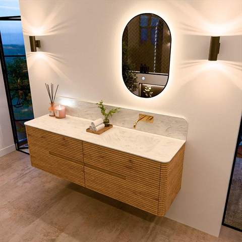 Mondiaz CIRO-DLUX Meuble de salle de bains - 160x45x50cm - Plan vasque solid surface Opalo - 1 vasque à droite - sans trous de robinet - 4 tiroirs - Chêne SW1530914