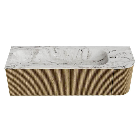 Mondiaz KURVE-DLUX Ensemble meuble de salle de bains - 145x46x40cm - 1 tiroir - 1 porte - lavabo solid surface - gauche - sans trou de robinet - Dusk SW1415494