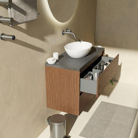 Saniclass Holz Pure Badkamermeubelset - 100x45x63cm - Noche basalten wastafelblad gepolijst (zwart) - zonder kraangat - 2 lades - mat walnut pure (hout) SW1478559