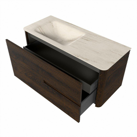 Mondiaz CIRO-DLUX Badkamermeubelset - 110x45x50cm - Solid surface wastafel Meli - 1 wasbak Links - 1 kraangat - 2 lades - Walnut SW1530476