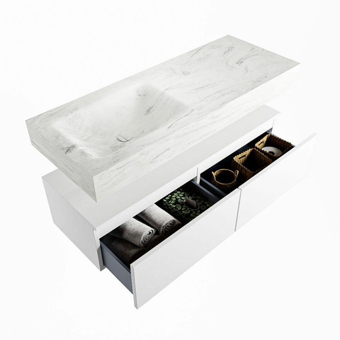 Mondiaz ALAN-DLUX Ensemble de meuble - 120cm - meuble Talc mat - 2 tiroirs - Lavabo Cloud Opalo suspendu - vasque Gauche - 0 trous de robinet SW806417