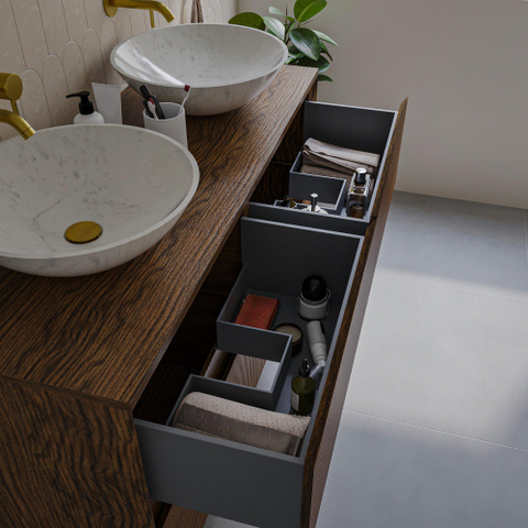 Saniclass Holz Atelier Meuble de salle de bain - 120x45x60cm - lavabo en céramique blanc - 2 vasques - sans trous de robinet - 2 tiroirs - Walnut pure SW1437733