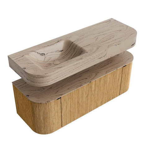MONDIAZ THOR-DLUX 130cm meuble de salle de bains arrondi gauche + droite couleur Oak avec 1 tiroir et 2 portes. Vasque suspendue CLOUD Gauche 1 trou de robinet couleur Arena. SW1463753