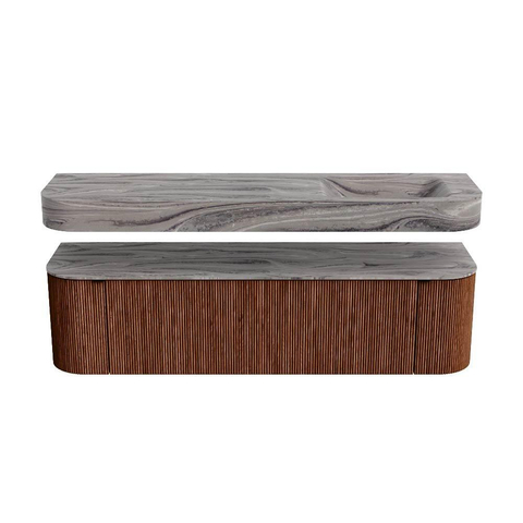 MONDIAZ THOR-DLUX 170cm badmeubel ronding links + rechts kleur Ruby met 1 lade en 2 deuren. Vrijhangende wastafel CLOUD Rechts zonder kraangat kleur Sombra. SW1465854