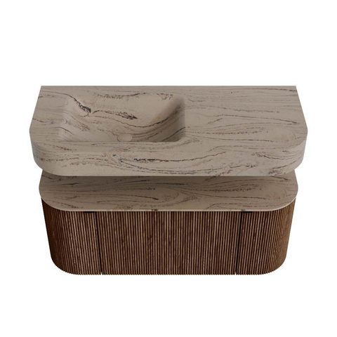 MONDIAZ THOR-DLUX 110cm meuble de salle de bains arrondi gauche + droite couleur Walnut avec 1 tiroir et 2 portes. Vasque suspendue CLOUD Gauche sans trou de robinet couleur Arena. SW1462913