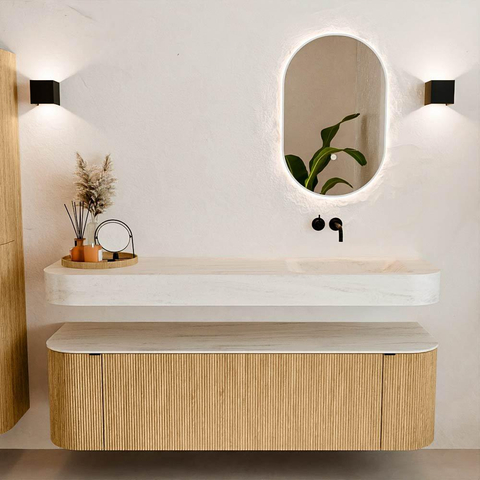 MONDIAZ THOR-DLUX 160cm meuble de salle de bains arrondi gauche + droite couleur Oak avec 1 tiroir et 2 portes. Vasque suspendue CLOUD Droite sans trou de robinet couleur Meli. SW1465152