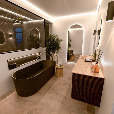 Mondiaz CIRO-DLUX Ensemble de meubles de salle de bains - 160x45x50cm - Plan-vasque solid surface Arena - 1 vasque à gauche - 1 trou de robinetterie - 4 tiroirs - Noyer SW1530446