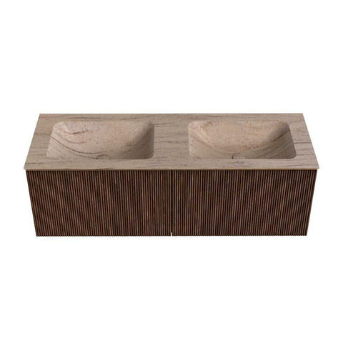 MONDIAZ KURVE-DLUX Meuble de salle de bains 130cm couleur Walnut avec 2 tiroirs et 0 portes. Lavabo LEAF Double sans trou de robinet Saba. SW1433206