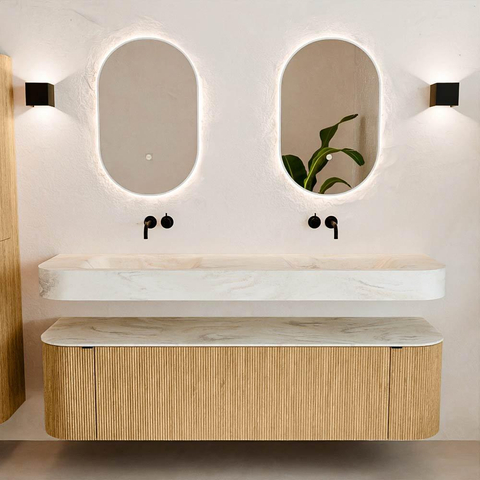 MONDIAZ THOR-DLUX 170cm badmeubel ronding links + rechts kleur Oak met 1 lade en 2 deuren. Vrijhangende wastafel CLOUD Dubbel zonder kraangat kleur Ostra. SW1465552