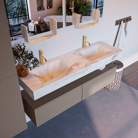 Mondiaz ALAN-DLUX Ensemble de meuble - 150cm - meuble Smoke mat - 2 tiroirs - Lavabo Cloud Frappe suspendu - vasque Gauche et droite - 2 trous de robinet SW805096