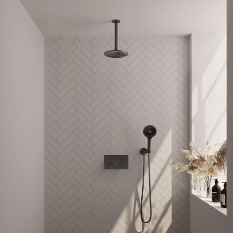 BRAUER gunmetal Edition Douche de pluie thermostatique encastrée - boutons-poussoirs - SET 59 - pomme de douche 20 cm - bras de plafond - douchette 3 jets - flexible de douche - coude de raccordement mural - gunmetal brossé PVD SW925728