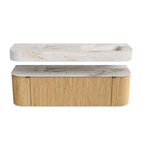 MONDIAZ THOR-DLUX 150cm badmeubel ronding links + rechts kleur Oak met 1 lade en 2 deuren. Vrijhangende wastafel CLOUD Rechts 1 kraangat kleur Frappe. SW1464608