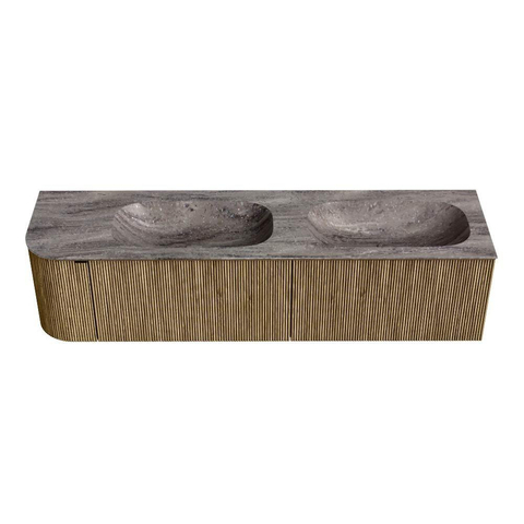 MONDIAZ KURVE-DLUX Meuble de salle de bains 175cm arrondi à gauche couleur Dusk avec 2 tiroirs et 1 porte. Lavabo STOR SMALL Double / Droite 2 trous de robinet Oza. SW1434065