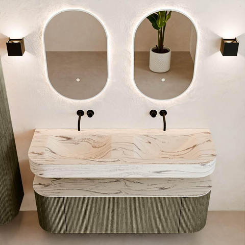 MONDIAZ THOR-DLUX Meuble de salle de bains 140cm arrondi gauche + droite couleur Shadow avec 1 tiroir et 2 portes. Vasque suspendue CLOUD Double sans trou de robinet couleur Nata. SW1464234