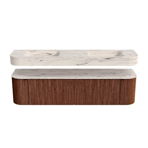 MONDIAZ THOR-DLUX 180cm meuble de salle de bains arrondi gauche + droite couleur Ruby avec 2 tiroirs et 2 portes. Vasque suspendue CLOUD Double sans trou de robinet couleur Nata. SW1466216