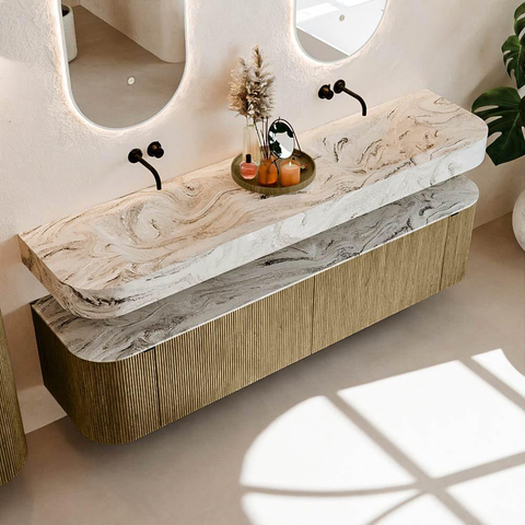 MONDIAZ THOR-DLUX Meuble de salle de bains - 190cm - arrondi gauche + droite - couleur Dusk - 2 tiroirs et 2 portes - Vasque suspendue CLOUD Double sans trou de robinet - couleur Glace SW1466456