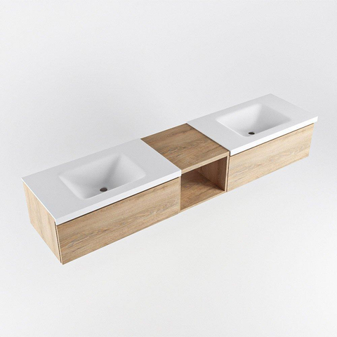 MONDIAZ BUKLA 200cm ensemble de meuble avec module ouvert 40 couleur Chêne blanchi avec 2 tiroirs. Lavabo CLOUD double 2 trous de robinet couleur Talc. SW1382188