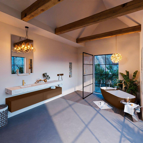 Mondiaz ALAN-DLUX Ensemble de meuble - 200cm - meuble Rust mat - 2 tiroirs - Lavabo Cloud Frappe suspendu - vasque Gauche - 1 trou de robinet SW805258