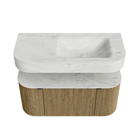 MONDIAZ THOR-DLUX 100cm meuble de salle de bains arrondi gauche + droite couleur Dusk avec 1 tiroir et 2 portes. Vasque suspendue CLOUD Droite 1 trou de robinet couleur Opalo. SW1467342