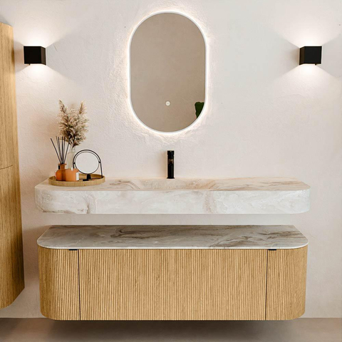 MONDIAZ THOR-DLUX 150cm badmeubel ronding links + rechts kleur Oak met 1 lade en 2 deuren. Vrijhangende wastafel CLOUD Midden 1 kraangat kleur Frappe. SW1464589