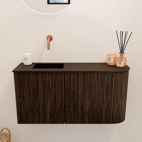 Mondiaz JOYA 81.6cm meuble de toilette - arrondi droit couleur Noyer - Vasque FAYE position Gauche Sans trou de robinet couleur Urban SW1421356