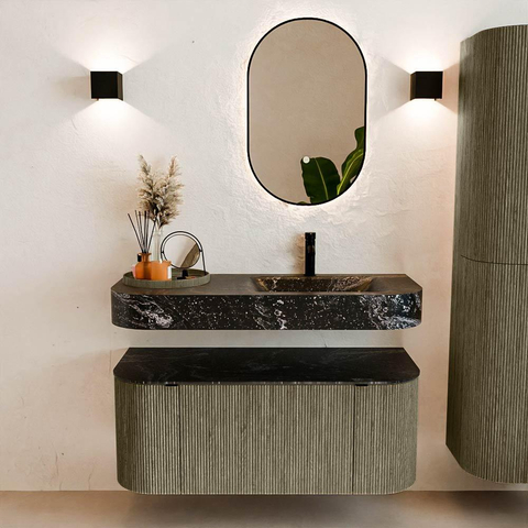 MONDIAZ THOR-DLUX 110cm meuble de salle de bains arrondi gauche + droite couleur Shadow avec 1 tiroir et 2 portes. Vasque suspendue CLOUD Droite 1 trou de robinet couleur Lava. SW1462879