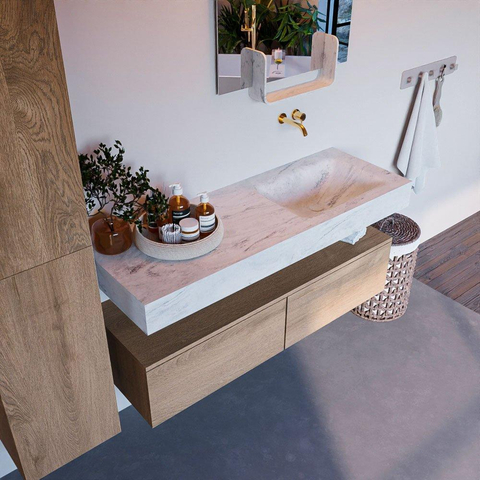 Mondiaz ALAN-DLUX Ensemble de meuble - 130cm - meuble Washed Oak mat - 2 tiroirs - Lavabo Cloud Opalo suspendu - vasque Droite - 0 trous de robinet SW809092