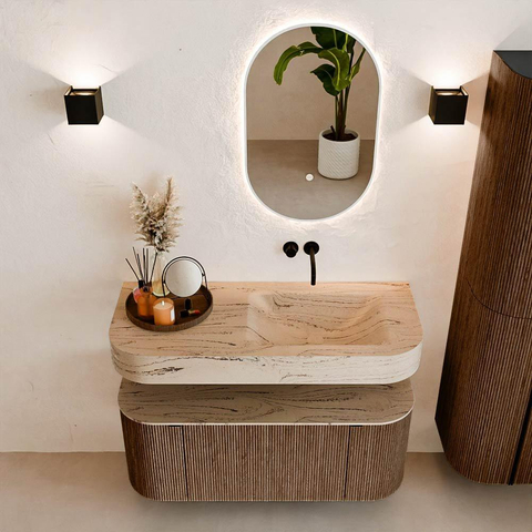 MONDIAZ THOR-DLUX 110cm badmeubel ronding links + rechts kleur Walnut met 1 lade en 2 deuren. Vrijhangende wastafel CLOUD Rechts zonder kraangat kleur Arena. SW1462709